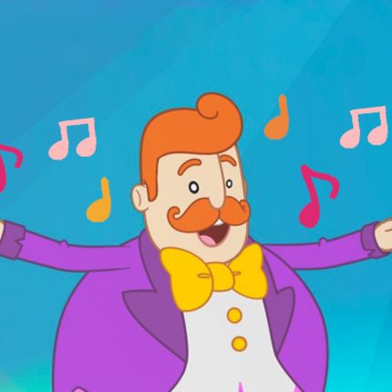 Na ilustração, desenho de Bita, personagem principal do universo Mundo Bita. Ele é um homem branco, ruivo, com bigode grande e que usa vestimentas roxas. O fundo da imagem é azul e há intervenções de rabiscos coloridos.