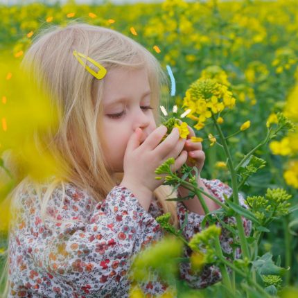 Na imagem, uma menina de cabelos loiros está de olhos fechados, trazendo um ramo de flores com as mãos para perto do nariz.