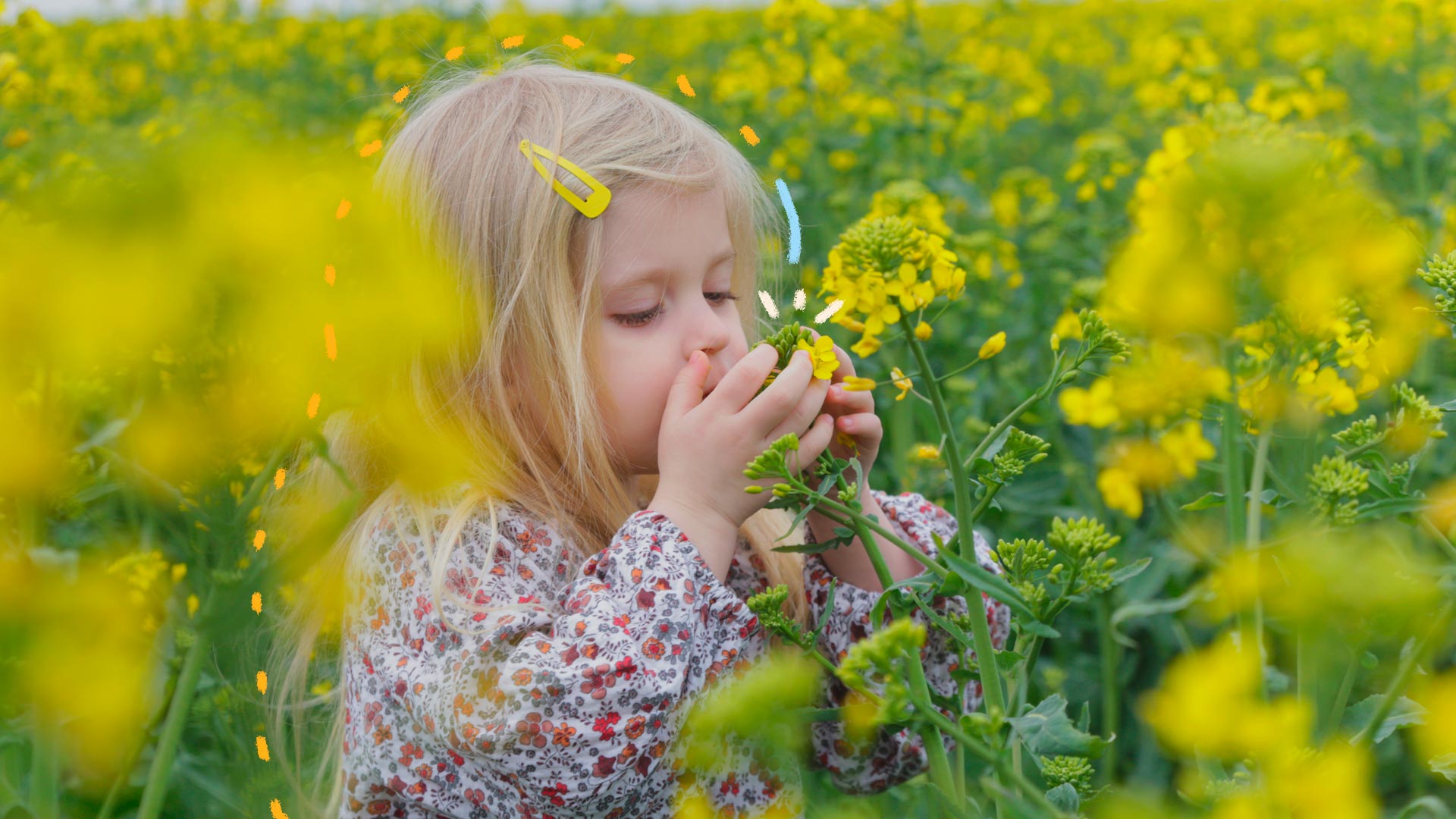 Na imagem, uma menina de cabelos loiros está de olhos fechados, trazendo um ramo de flores com as mãos para perto do nariz.