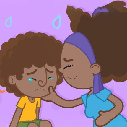 Captura de tela do vídeo 'A tristeza vai passar', do Mundo Bita. O personagem Dan chora e sua mãe limpa suas lágrimas, com um sorriso.