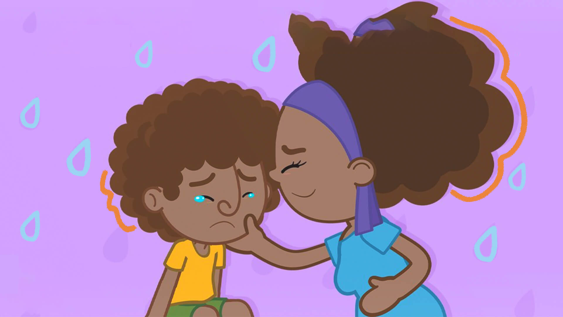 Captura de tela do vídeo "A tristeza vai passar", do Mundo Bita. O personagem Dan chora e sua mãe limpa suas lágrimas, com um sorriso.