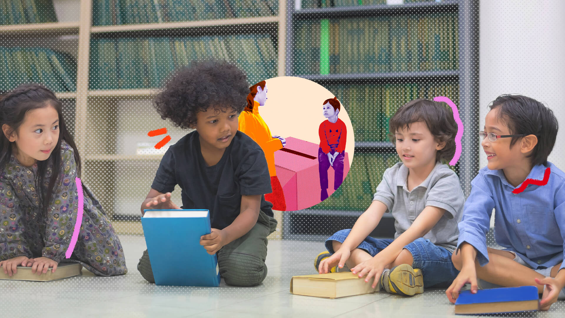 Como falar de política com as crianças: na imagem, um grupo multiétnico de crianças está em uma biblioteca. Todos seguram livros. A imagem possui intervenções de rabiscos coloridos.