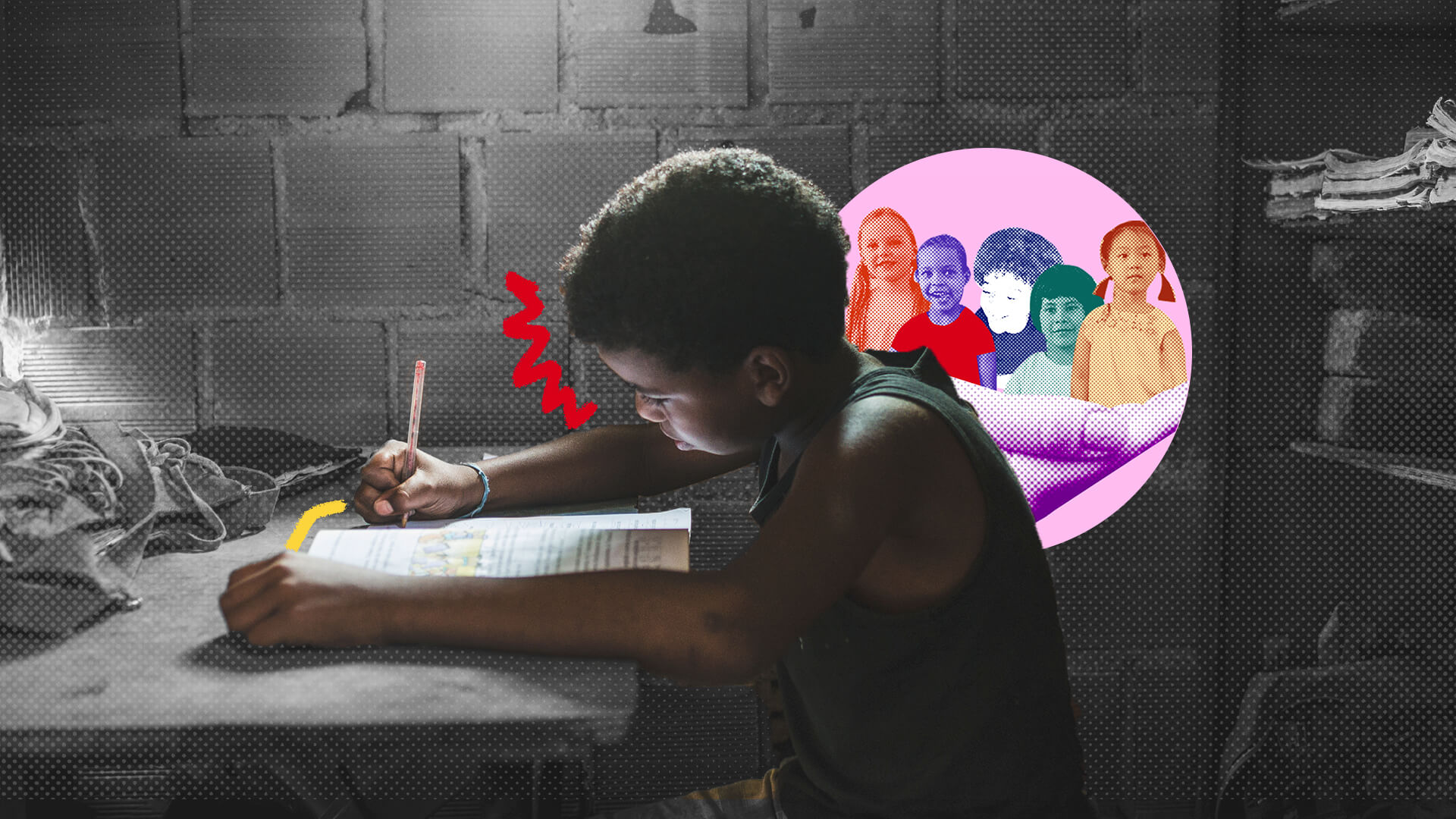 Na imagem, um menino negro aparece estudando, fazendo anotações em um livro. A imagem está em preto e branco e apenas o menino está colorido. A imagem possui intervenções de rabiscos coloridos.
