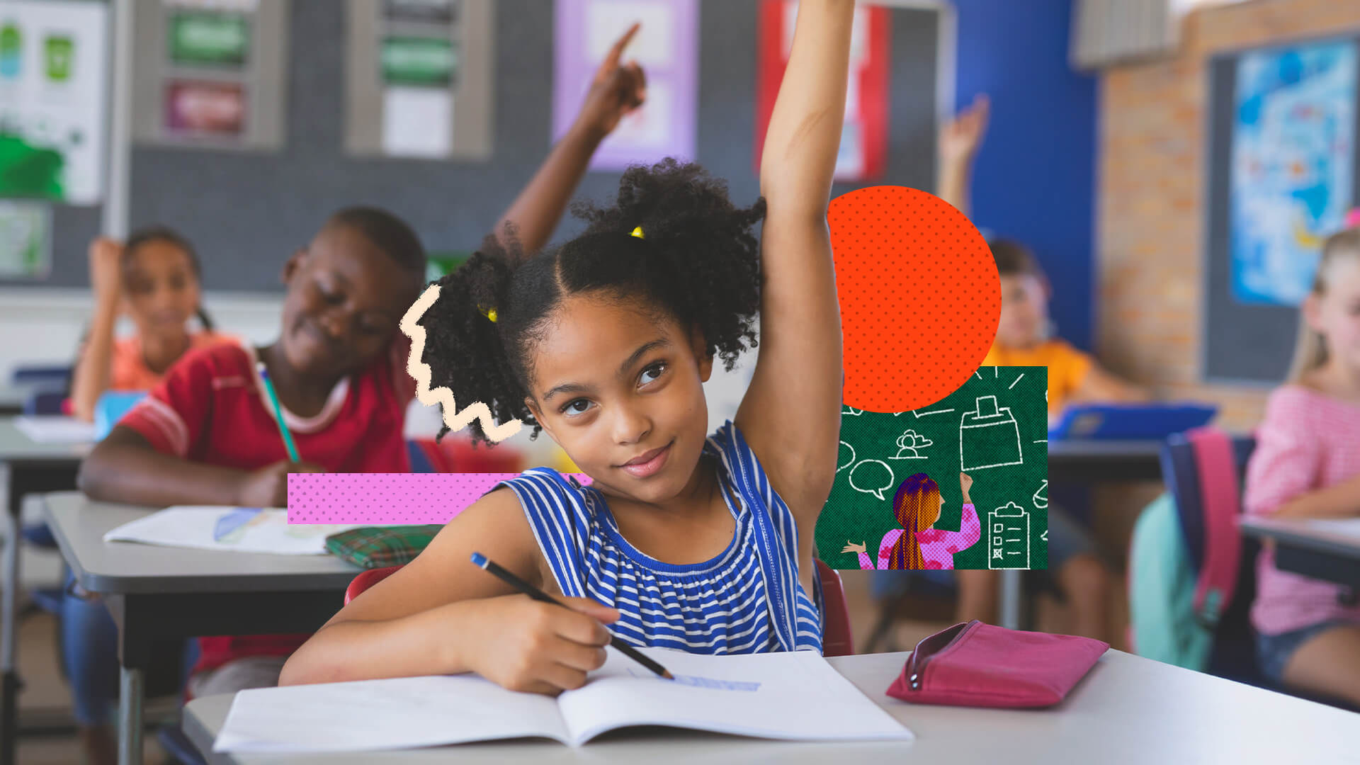 Na imagem, uma menina negra levanta o braço, se preparando para fazer uma pergunta na sala de aula. A imagem possui intervenções de rabiscos coloridos.