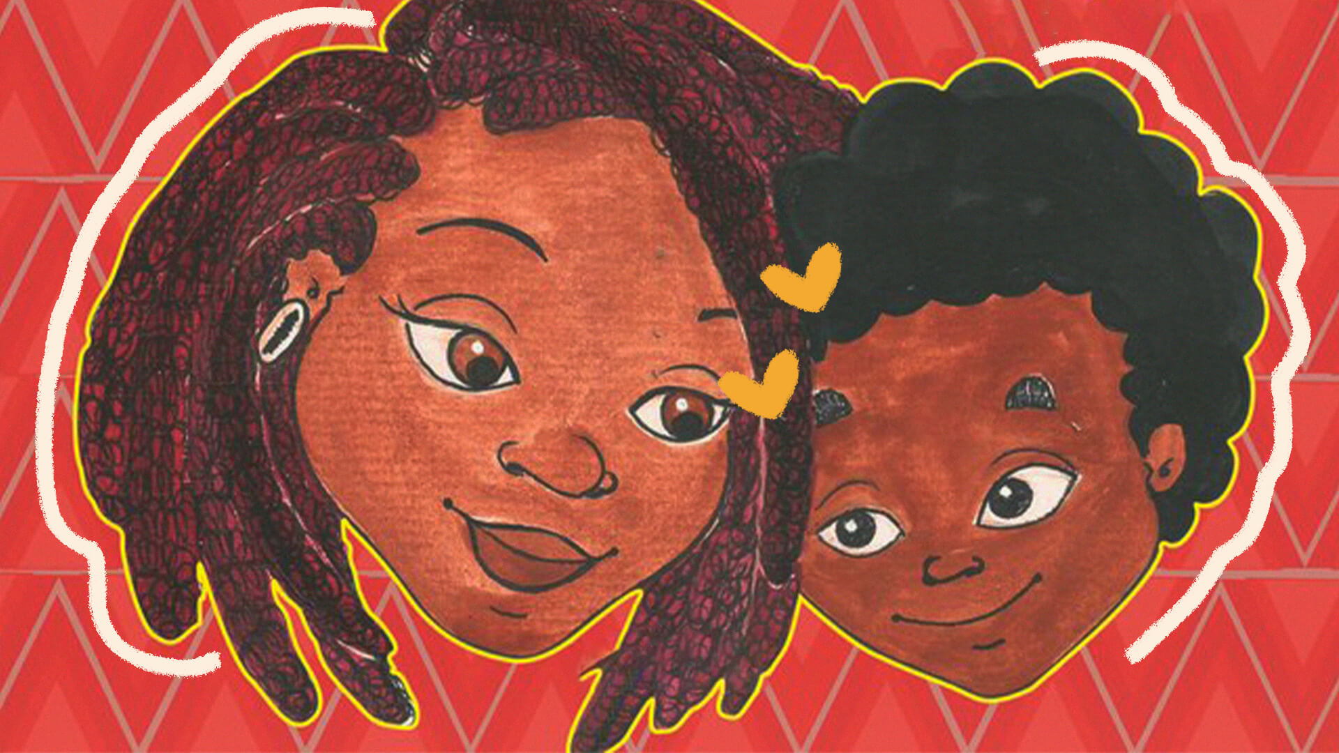 Na ilustração, o rosto dos personagens Najima e Akin, mãe e filho. Najima é uma mulher negra que possui tranças chanel na cor marrom; Akin é um menino negro com cabelo black. A imagem possui intervenções de rabiscos coloridos.