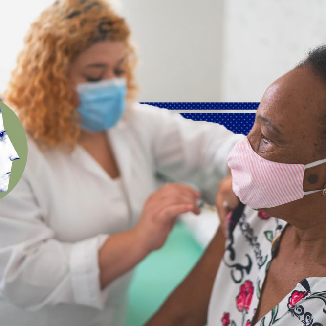 Saúde integral da mulher: uam mulher negra recebe uma vacina de uma enfermeira branca. A iamgem possui intervenções de rabiscos e colagens coloridas.