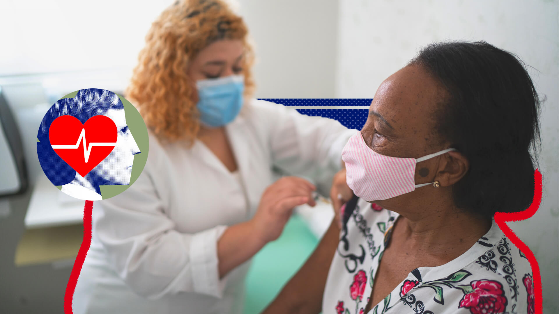 Saúde integral da mulher: uam mulher negra recebe uma vacina de uma enfermeira branca. A iamgem possui intervenções de rabiscos e colagens coloridas.