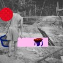 Trabalho infantil: na imagem, um menino de costas segura um balde em meio aos escombros de uma construção. A foto está em preto e branco e possui intervenções de rabiscos e colagens coloridas.