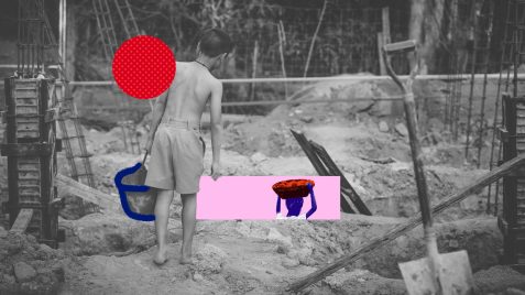 Trabalho infantil: na imagem, um menino de costas segura um balde em meio aos escombros de uma construção. A foto está em preto e branco e possui intervenções de rabiscos e colagens coloridas.