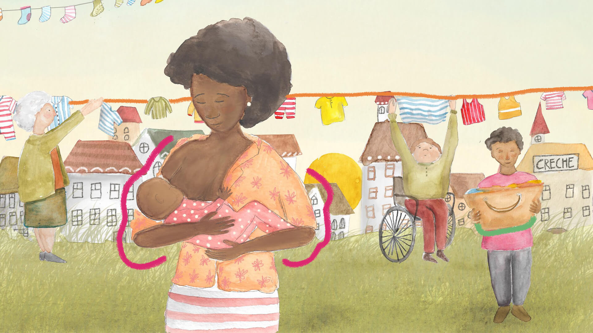 Ilustração de uma mulher negra amamentando seu filho.