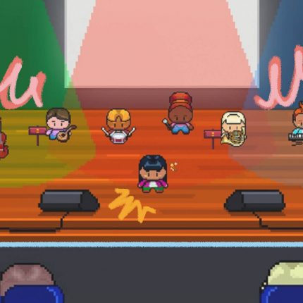 A imagem mostra um desenho colorido de bonecos com instrumentos, se apresentando no palco.