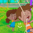 Eu fico tímido: Captura de tela da animação "Eu fico tímido", do Mundo Bita. A imagem mostra duas crianças negras brincando em um balanço.