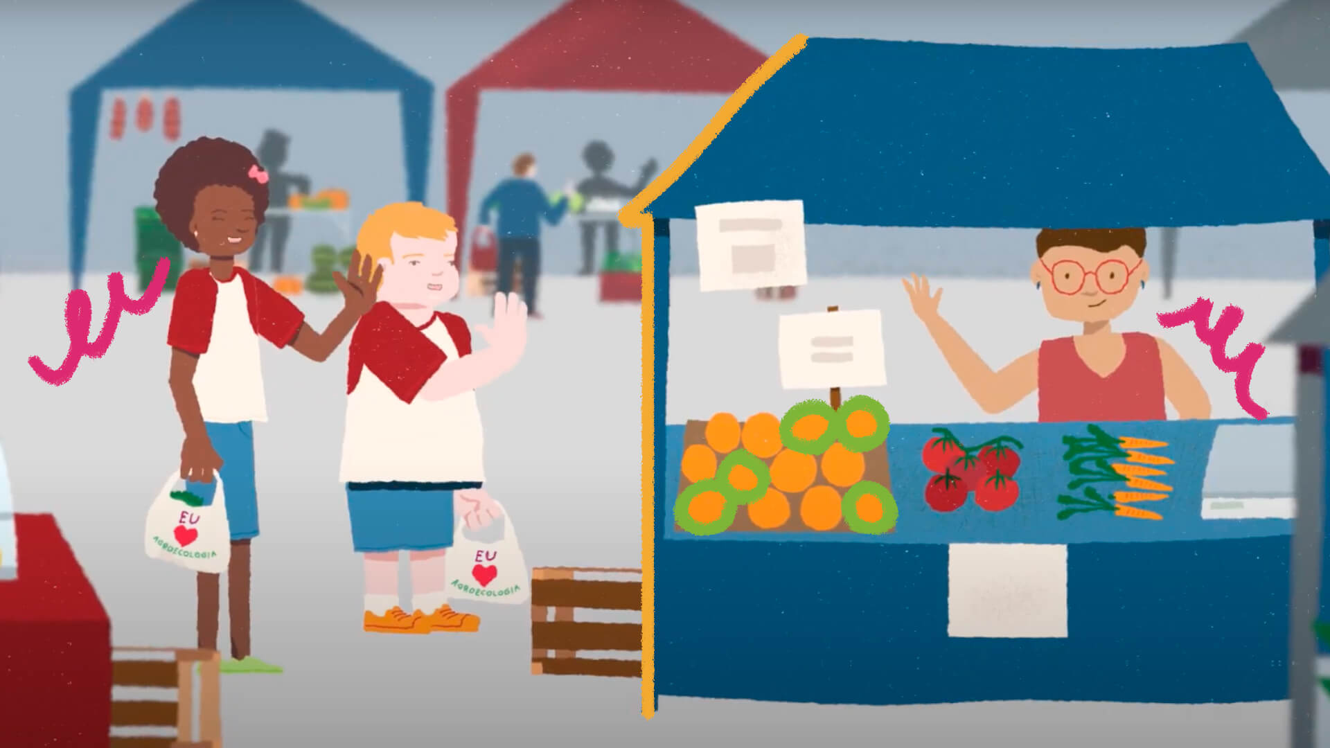 Alimentação saudável para crianças: ilustração de duas crianças, uma menina negra e um menino branco, cumprimentando uma feirante de pele bronzeada. Em sua banca possuem laranjas, tomates e cenouras.