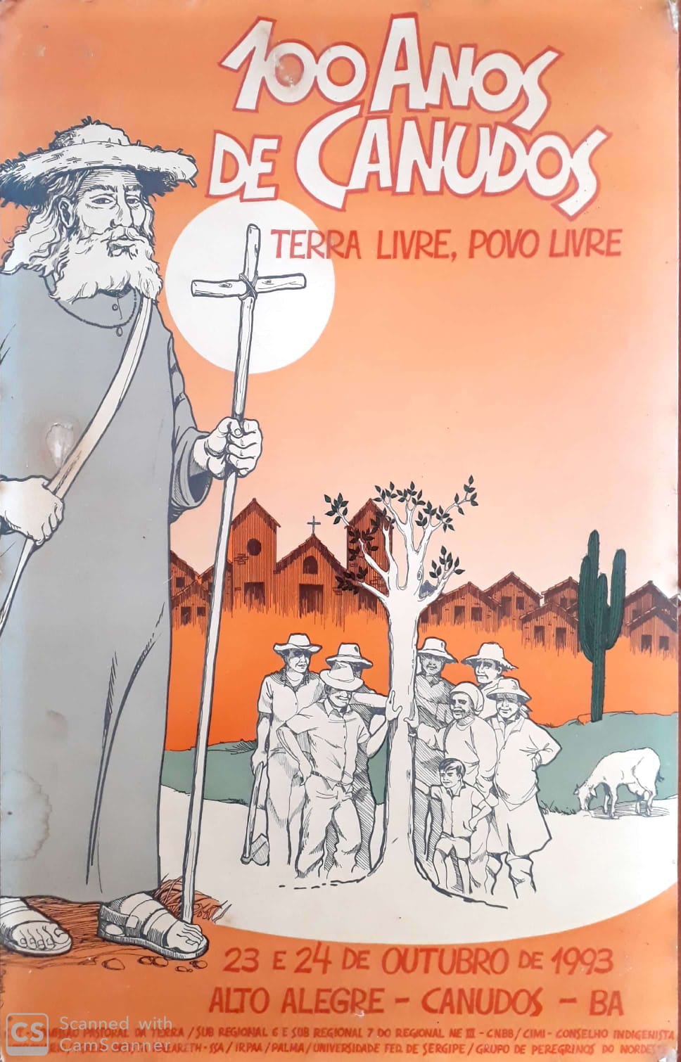 Cartaz ilustrado em cinza e branco, com fundo laranja, sobre a guerra de Canudos. Em primeiro plano, Antônio Conselheiros; atrás há um grupo de pessoas