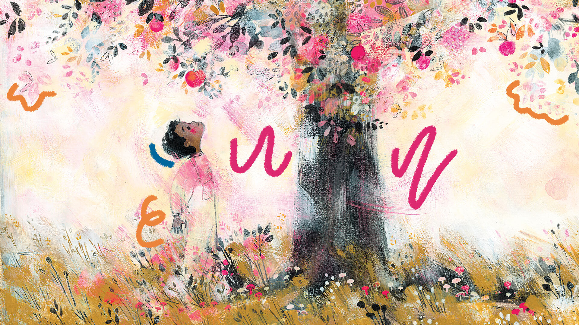 Ilustração que abre o livro "A árvore em mim", em que uma criança olha para a copa de uma árvore florida em que tons de rosa predominam.