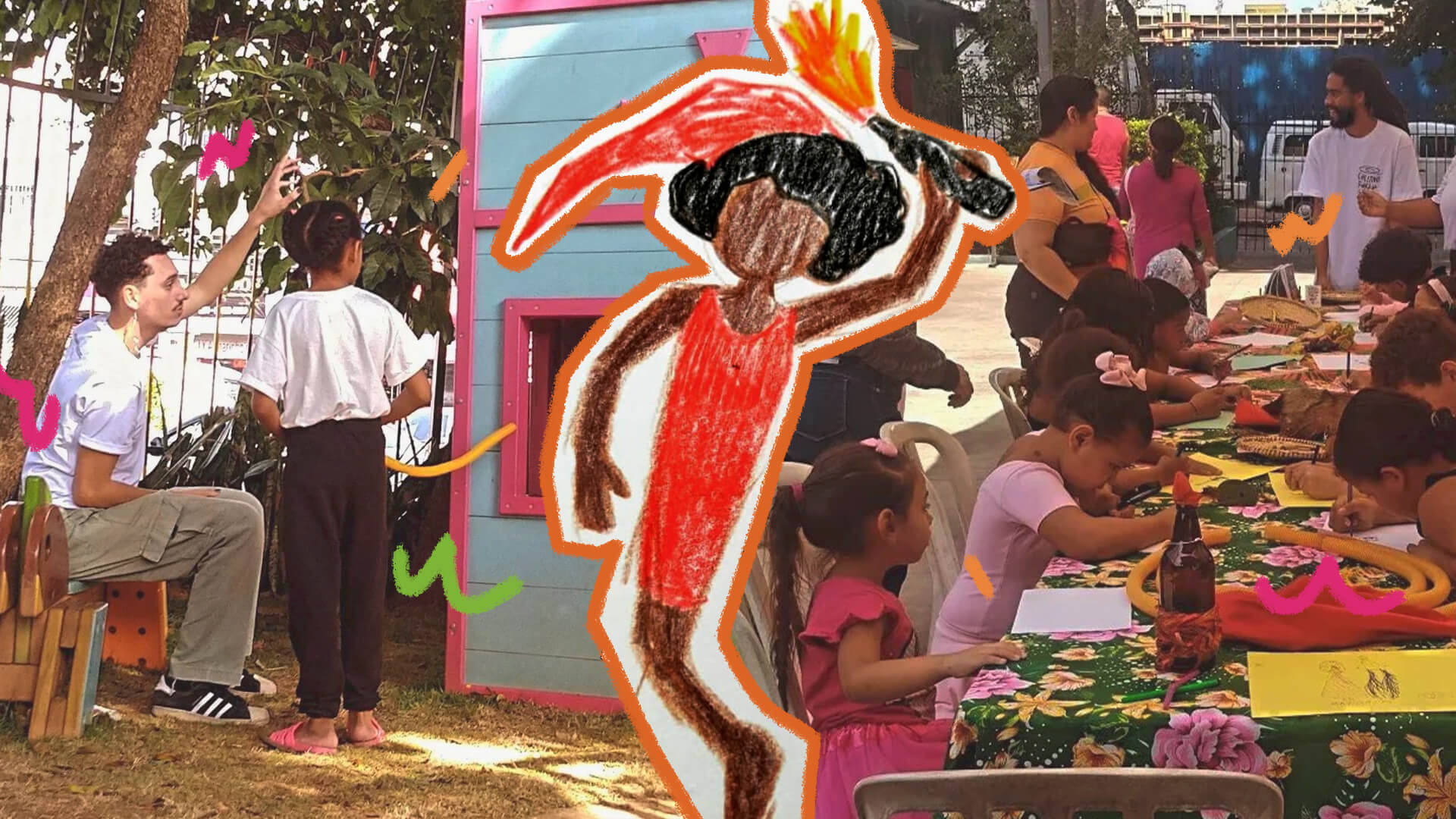 Um grupo multiétnico de crianças brinca em um parque. Na frente da imagem, um desenho representando a figura do Saci Pererê.
