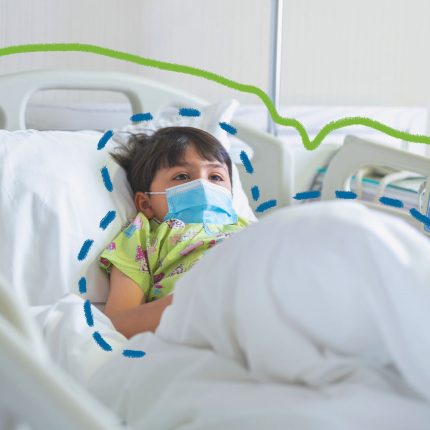 Um menino branco usa uma máscara azul e está deitado em um leito de hospital.