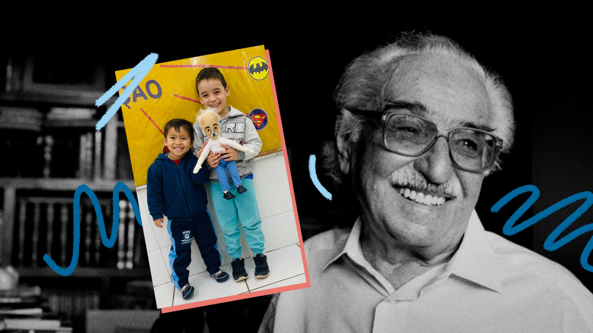 Foto em preto e branco do poeta Manoel de Barros, um homem branco de óculos e camisa social. À frente, uma foto colorida de dois meninos segurando um boneco que representa o autor