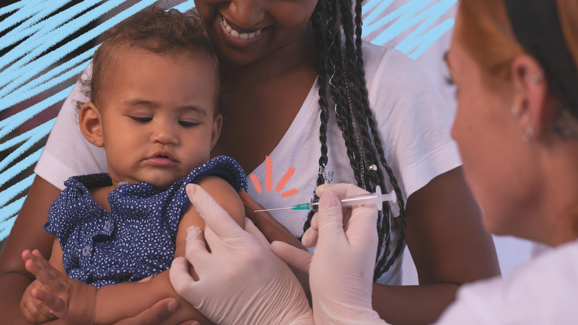 Imagem que mostra um bebê negro recebendo uma vacina no braço. Uma mulher negra o segura, sorridente, enquanto ele recebe a vacina. A imagem possui intervenções de rabiscos coloridos.