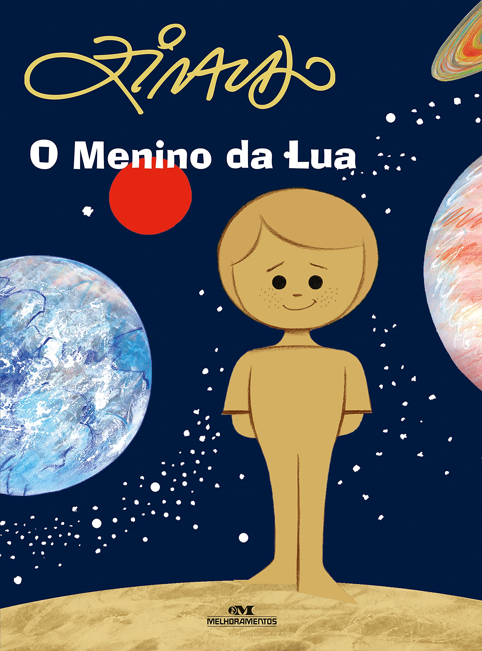 Capa do livro "O menino da lua", de Ziraldo. A capa mostra um menino inteiro em tons de bege. No fundo, planetas do sistema solar.