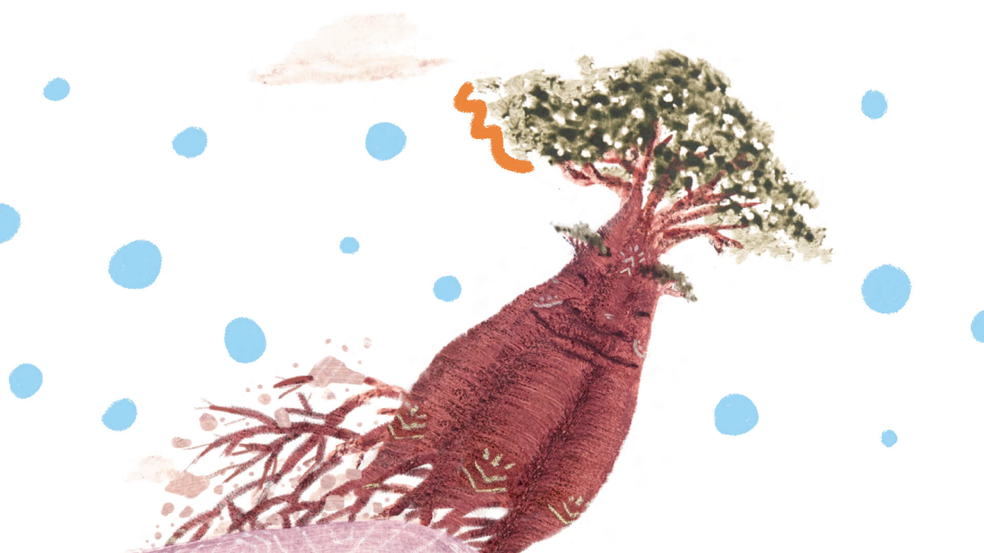 Imagem do livro "Uma aventura do Velho Baobá” que mostra as raízes da árvore como se estivesse em movimento. Em torno dela, há intervenções de arte com bolinhas azuis e rabiscos laranjas.