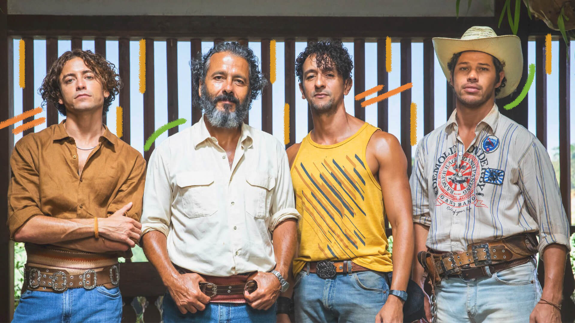 Foto de quatro homens, personagens da novela "Pantanal", interpretados por Jesuíta Barbosa (Jove), Marcos Palmeira (José Leôncio), Irandhir Santos (José Lucas) e José Loreto (Tadeu), respectivamente