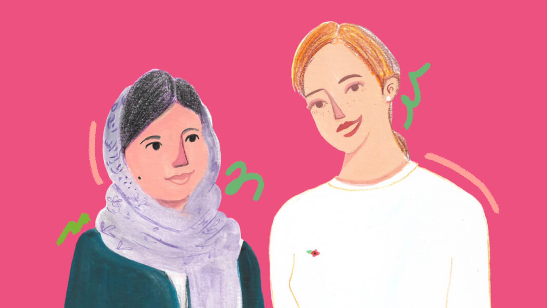 Ilustração do miolo do livro "Amigas que se encontraram na história" com a dupla Emma Watson & Malala Yousafzai num fundo rosa e rabiscos verdes como intervenções de arte