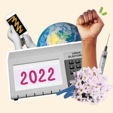 Retrospectiva 2022: montagem de com uma urna eletrônica, uma seringa de vacina, celular, flores e a Terra.