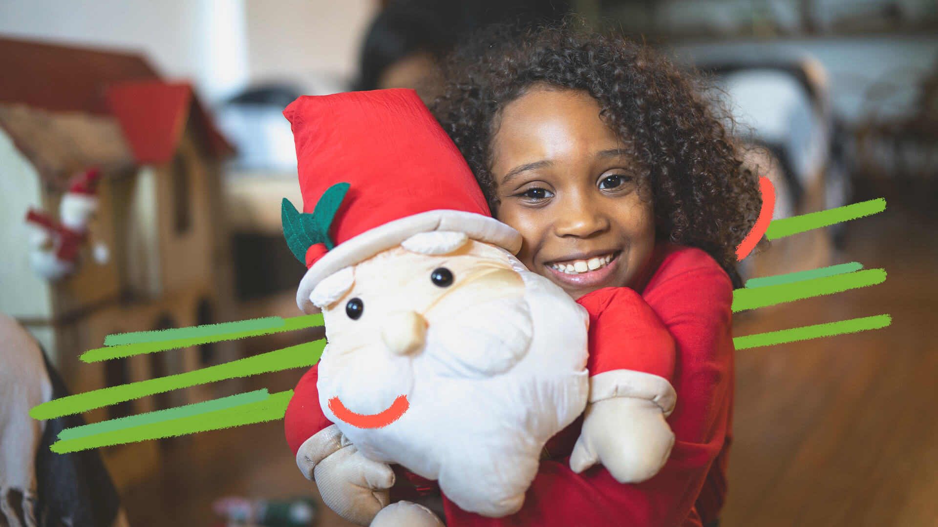 Uma menina negra de camiseta vermelha está abraçando um Papai Noel