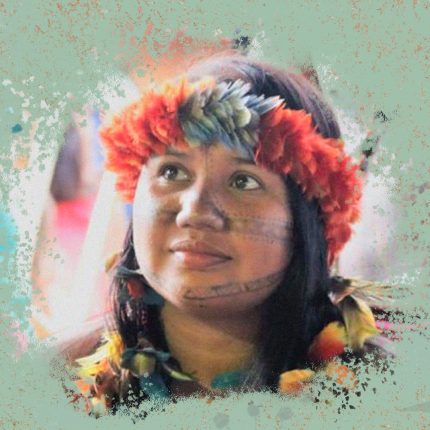 Uma mulher indígena, com pintura no rosto, usando um colar e uma coroa de penas coloridas. Ao redor, uma moldura ilustrada com fundo verde e folhas