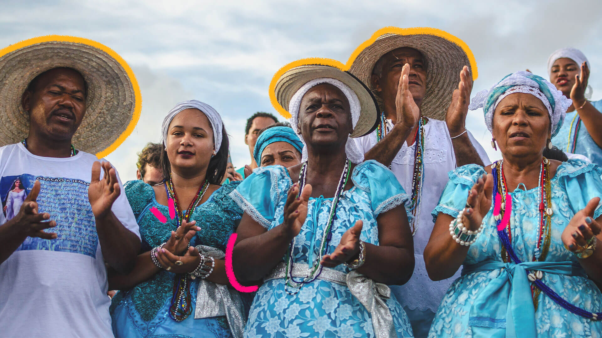 Festa de Iemanjá: Imagem de mulheres e homens negros vestidos de branco e azul.