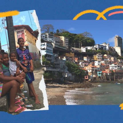 Fotomontagem com crianças das comunidades Solar e Gamboa, em Salvador, e imagem da cidade à beira-mar