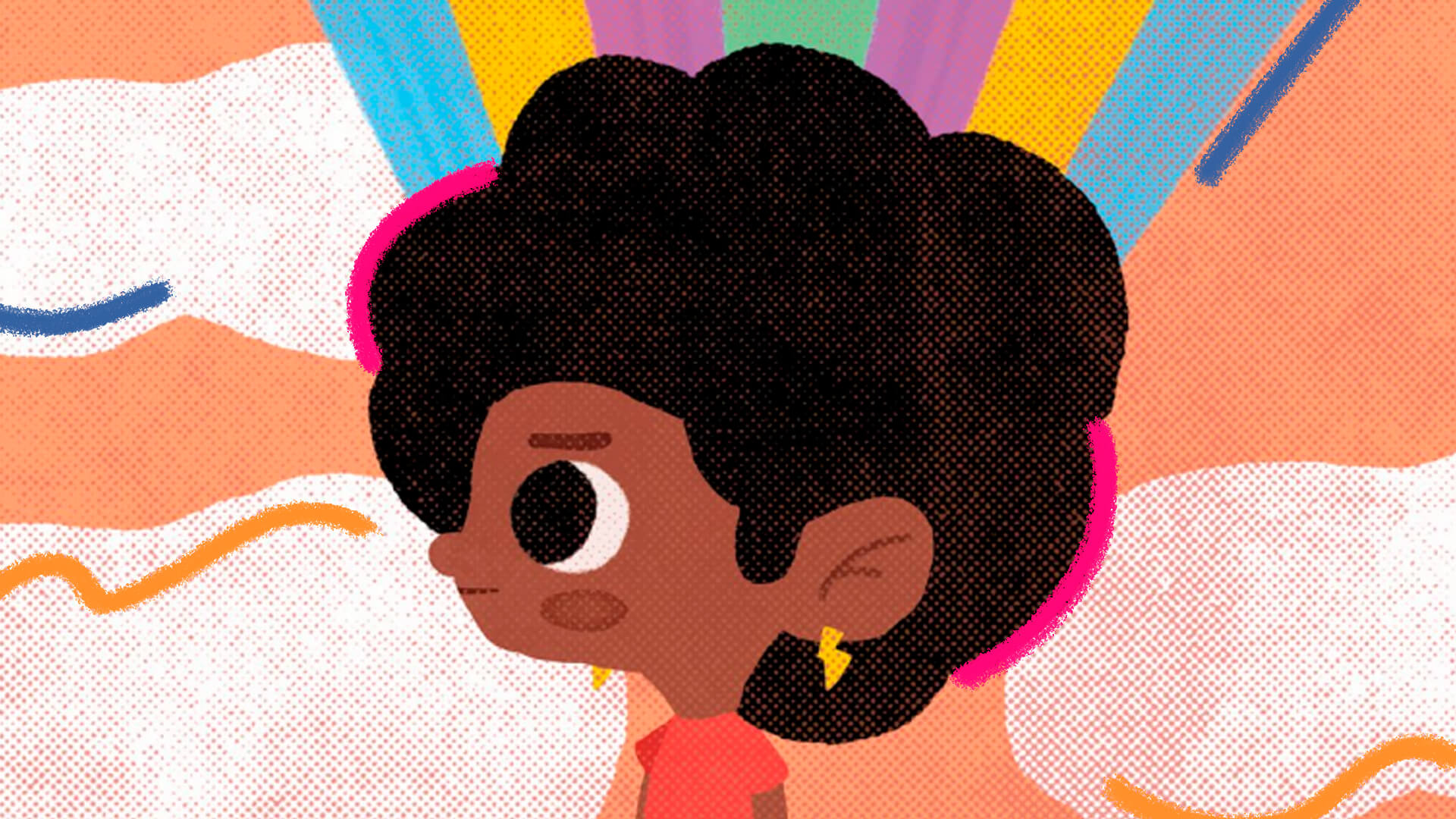 Ilustração do livro Amoras, de Emicida. A imagem mostra uma menina negra de perfil, com cabelos afro escuros e feição séria.