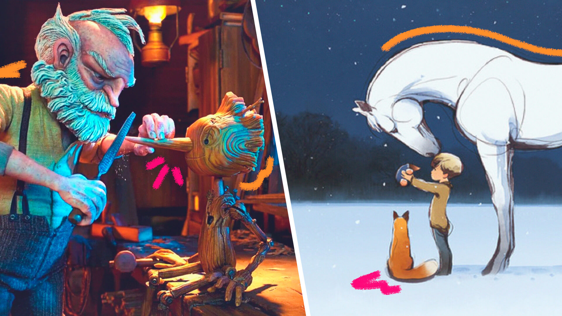Fotomontagem com cenas de Pinóquio e O menino, a toupeira, a raposa e o cavalo, as duas animações que ganharam o Oscar 2023