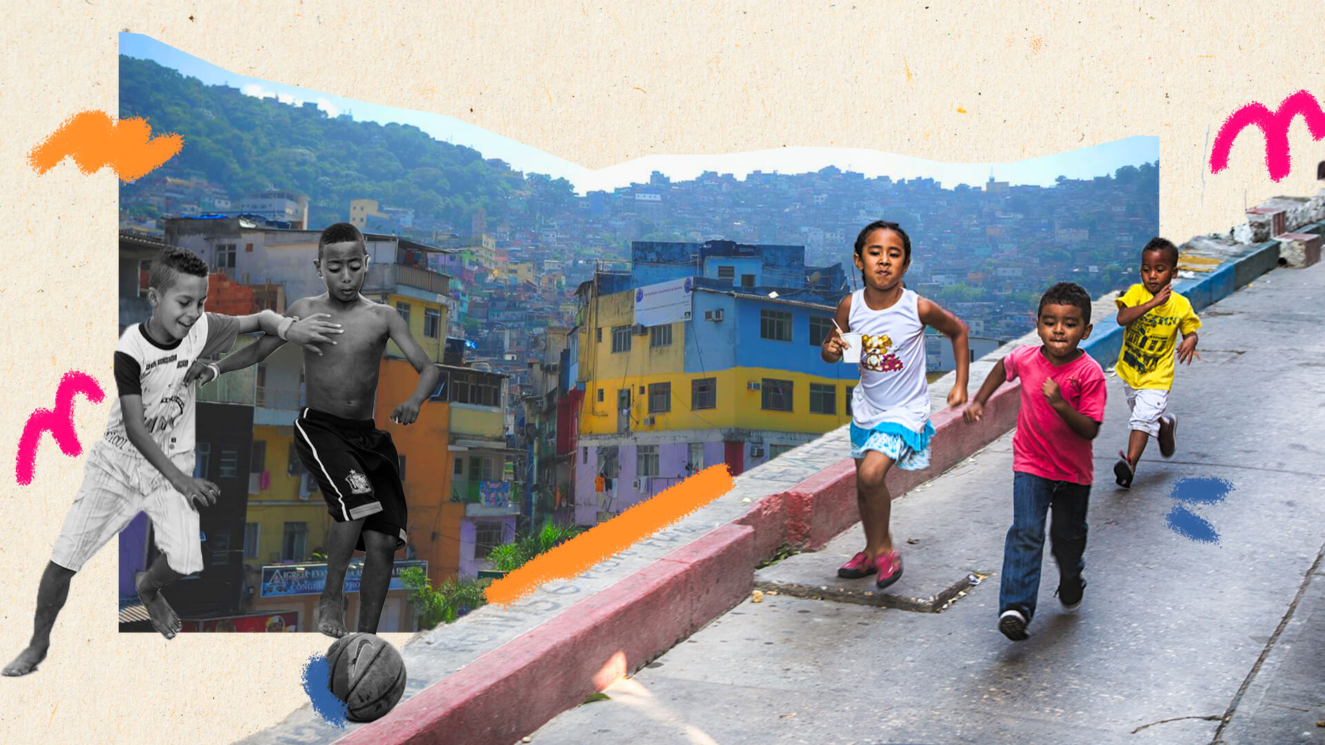 Livros sobre favela: na imagem, montagem de diversas crianças brincando em uma favela de fundo.