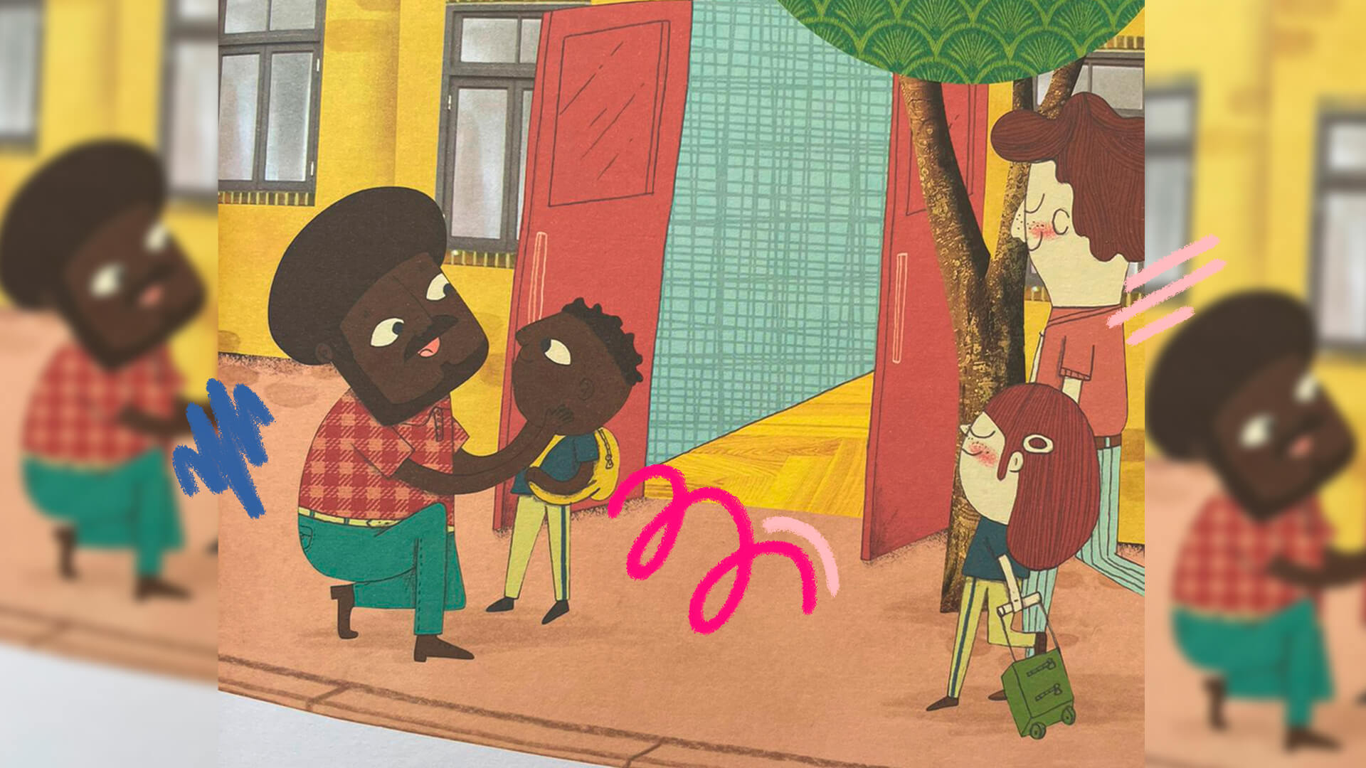 Ilustração do livro Quinzinho em que um adulto. ajoelhado, interage com uma criança. Ambos são negros.