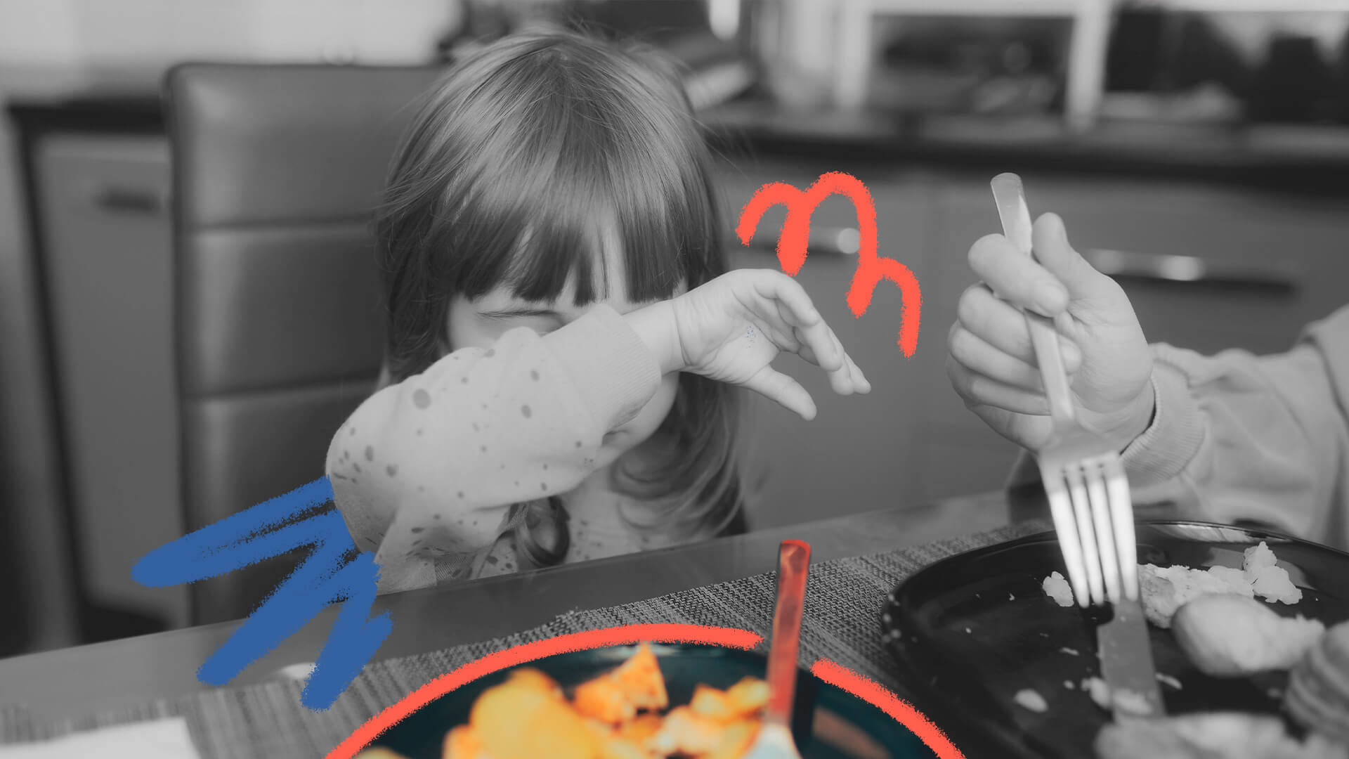 Foto em preto e branco de uma menina de franja cobrindo o rosto com o braço diante de um prato de comida. A matéria fala sobre transtorno alimentar na infância