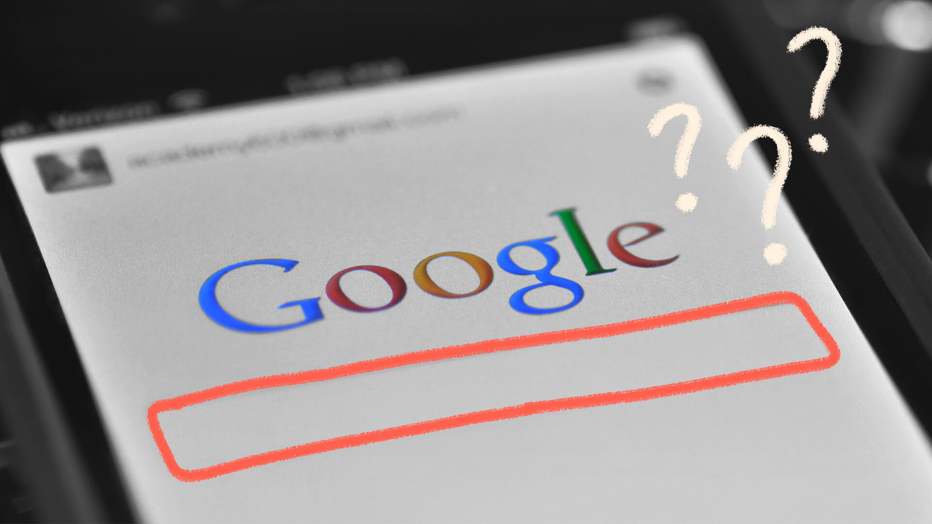 Imagem mostra o buscador do Google destacado em rosa, com intervenções de interrogações.