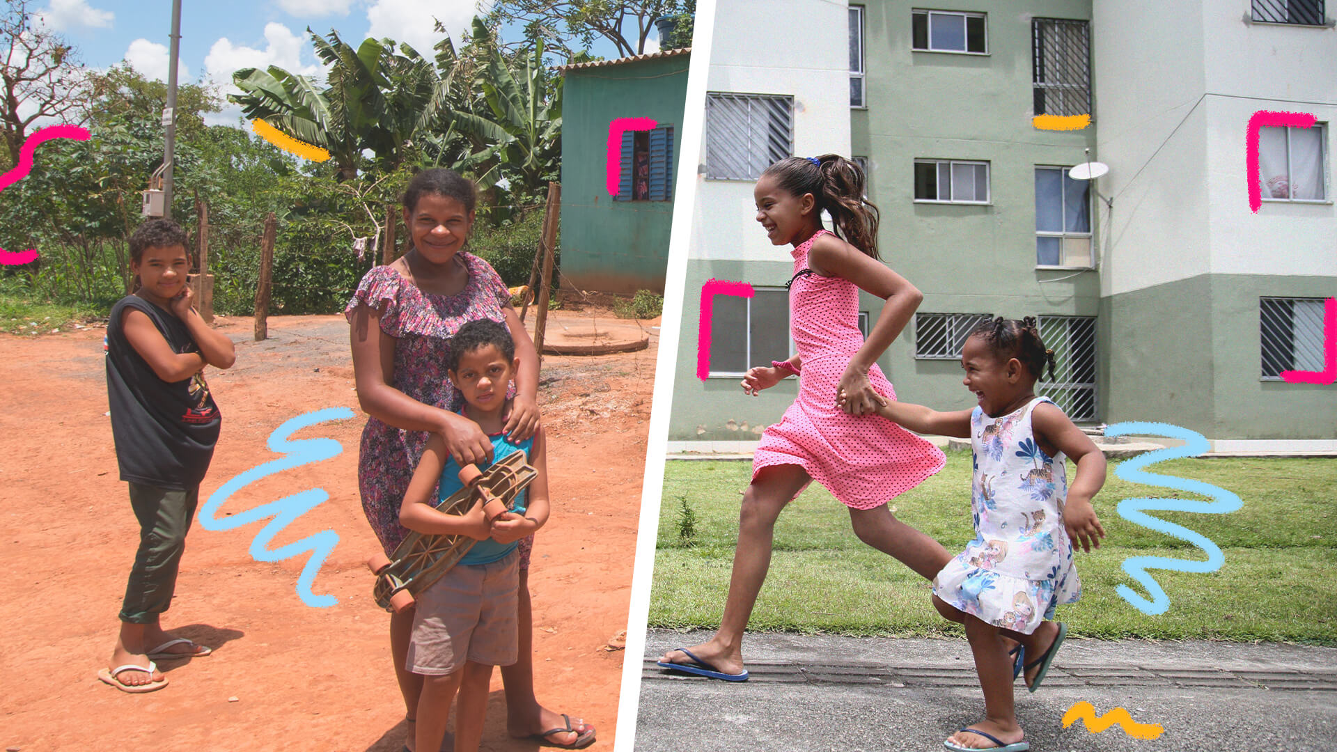 Fotomontagem com duas imagens: à esquerda, crianças num ambiente rural; à direita, crianças correndo no alfalto