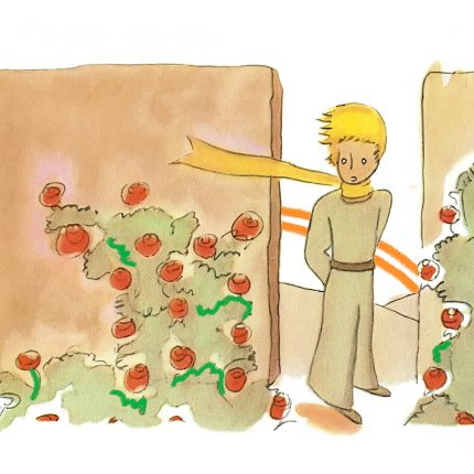Imagem de miolo do livro O pequeno príncipe em que o personagem, um menino loiro, está em meio a rosas
