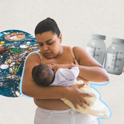 Foto de uma mulher amamentando um bebê. No plano de fundo, uma montagem com o planeta Terra e potes de doação de leite.