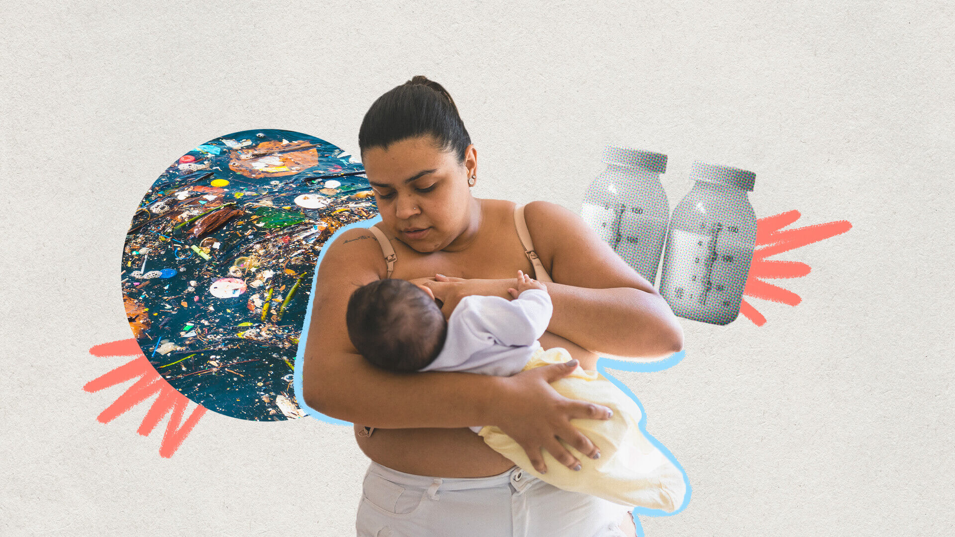 Foto de uma mulher amamentando um bebê. No plano de fundo, uma montagem com o planeta Terra e potes de doação de leite.