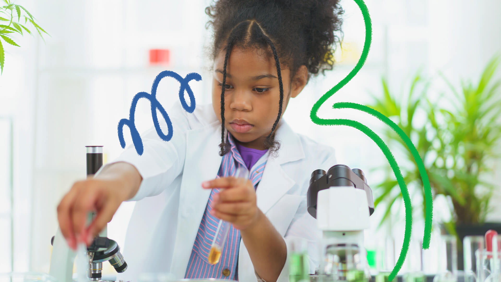 Uma menina negra mexe em tubos de ensaio em um laboratório. A imagem ilustra uma matéria sobre meninas e mulheres na ciência