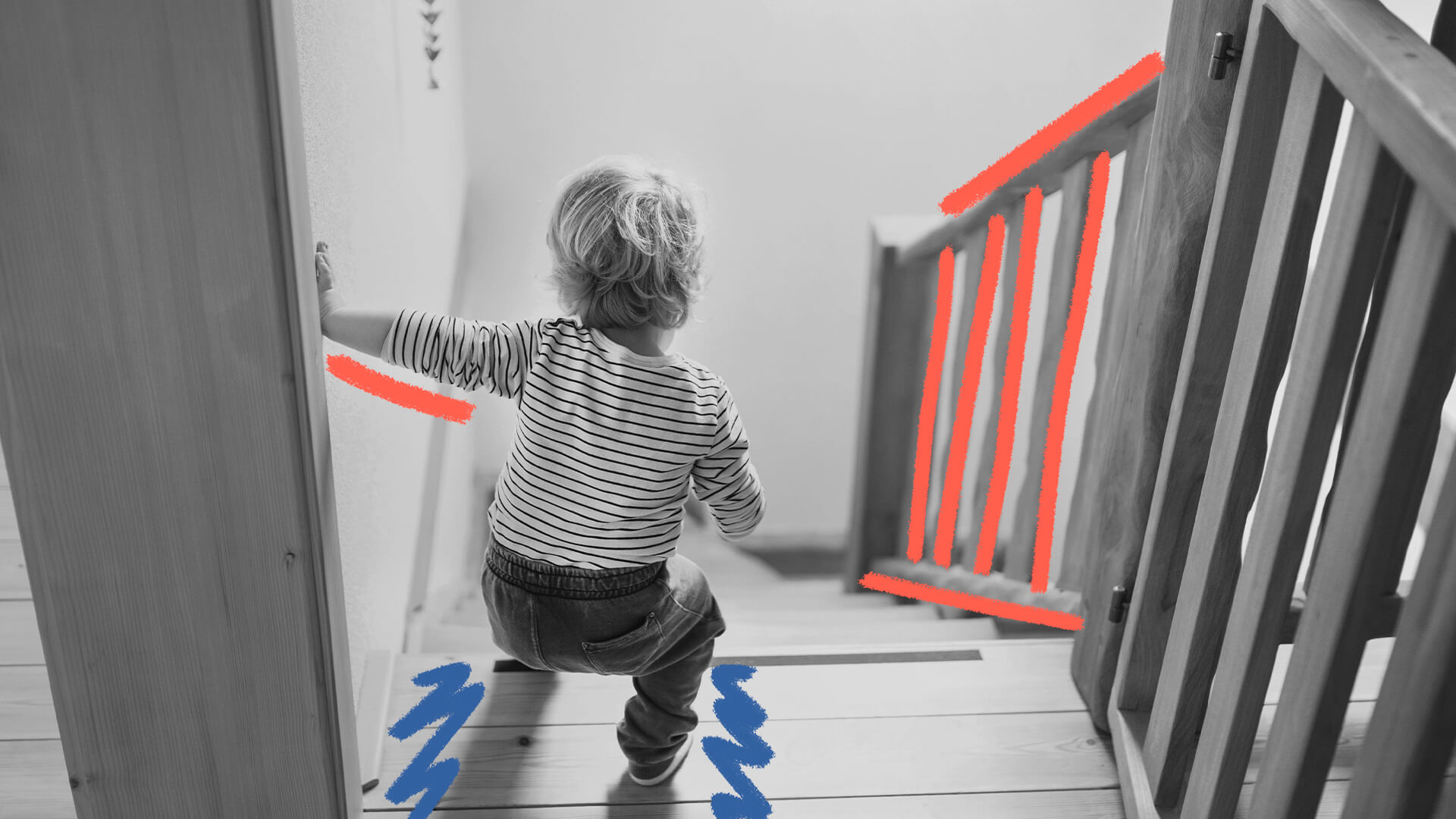 Imagem em preto e branco de uma criança descendo uma escada. A foto ilustra uma matéria sobre acidentes domésticos.