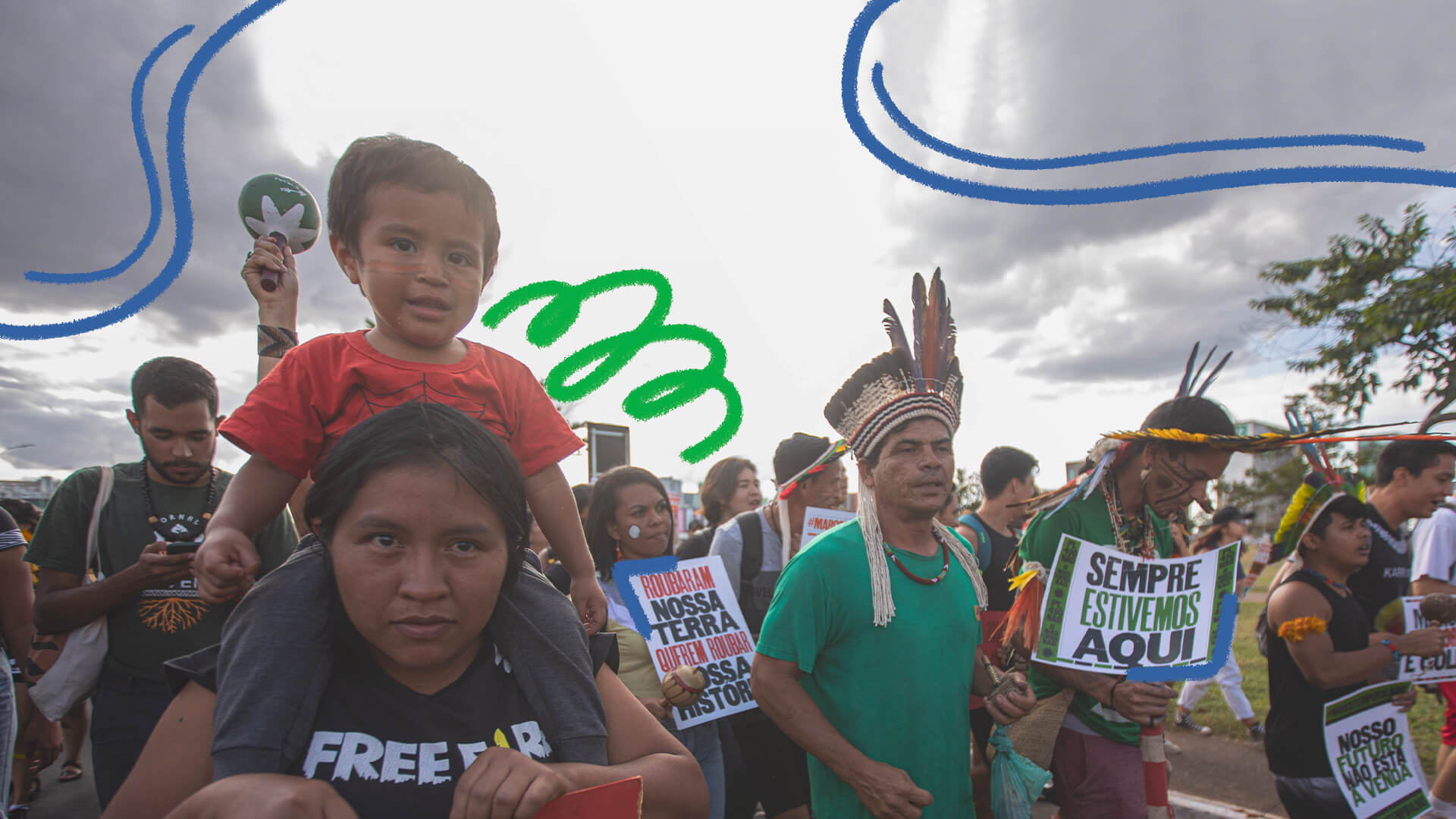 Protesto com adultos e crianças indígenas contra o PL 2903/2023 e o marco temporal.