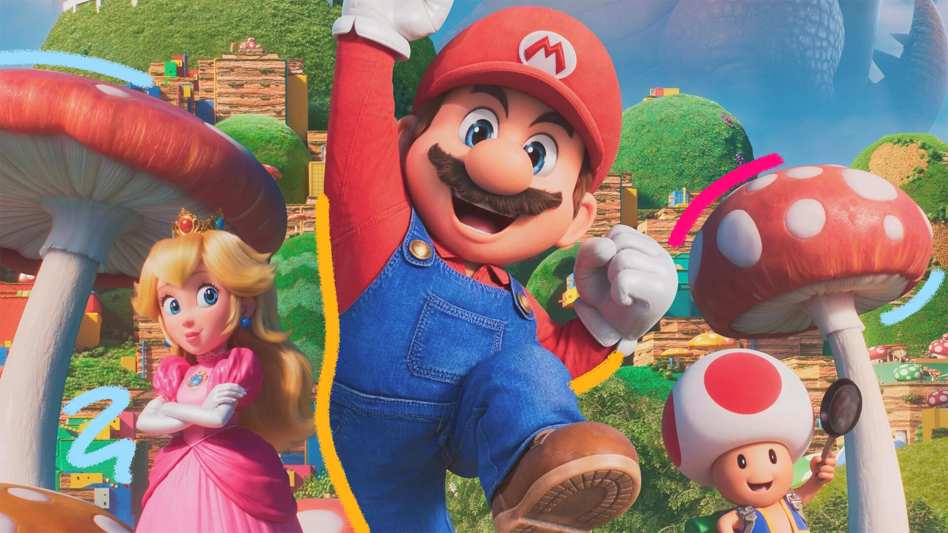 Da esquerda para direita: Peach, Mario e Toad, personagens da franquia Super Mario Bros - O filme.