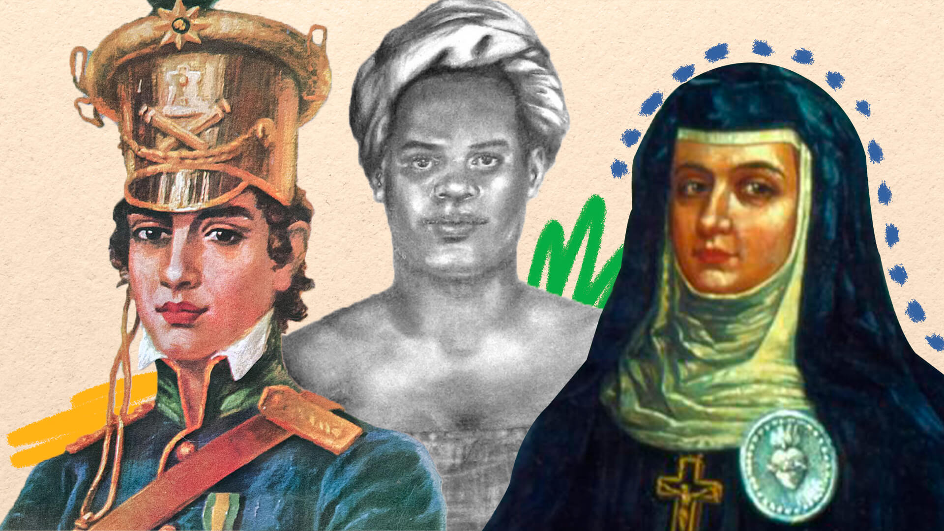 Colagem com as imagens de Maria Quitéria, Maria Felipa e Joana Angélica. A imagem ilustra uma matéria sobre o Dia da Independência.