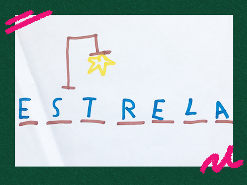 arte com moldura verde mostra afoto de um papel branco onde há a brincadeira da força, com uma estrela amarela desenhada e tracinhos com as letras da palavra "estrela". 