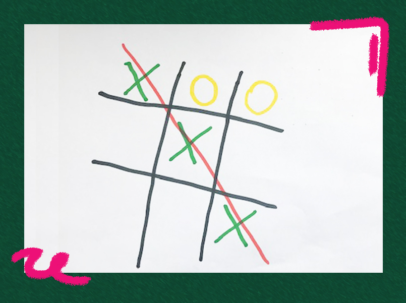 arte mostra uma foto de um papel branco com a brincadeira do jogo da velha, dispostas em "x" e círculos.