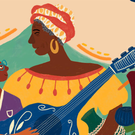 Ilustração do livro “Meu nome é Raquel Trindade”. Uma mulher preta com vestido amarelo toca um instrumento azul para um grupo de crianças